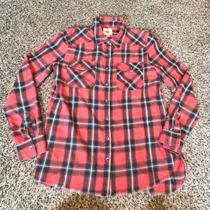 Billabong Red Black Plaid Flannel Shirt Womens Medium Raw Hem Long Sleeve Button